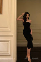 Elegant Sheath Strapless Black Prom Dresses Beads Birthday Outfits Evening Gown