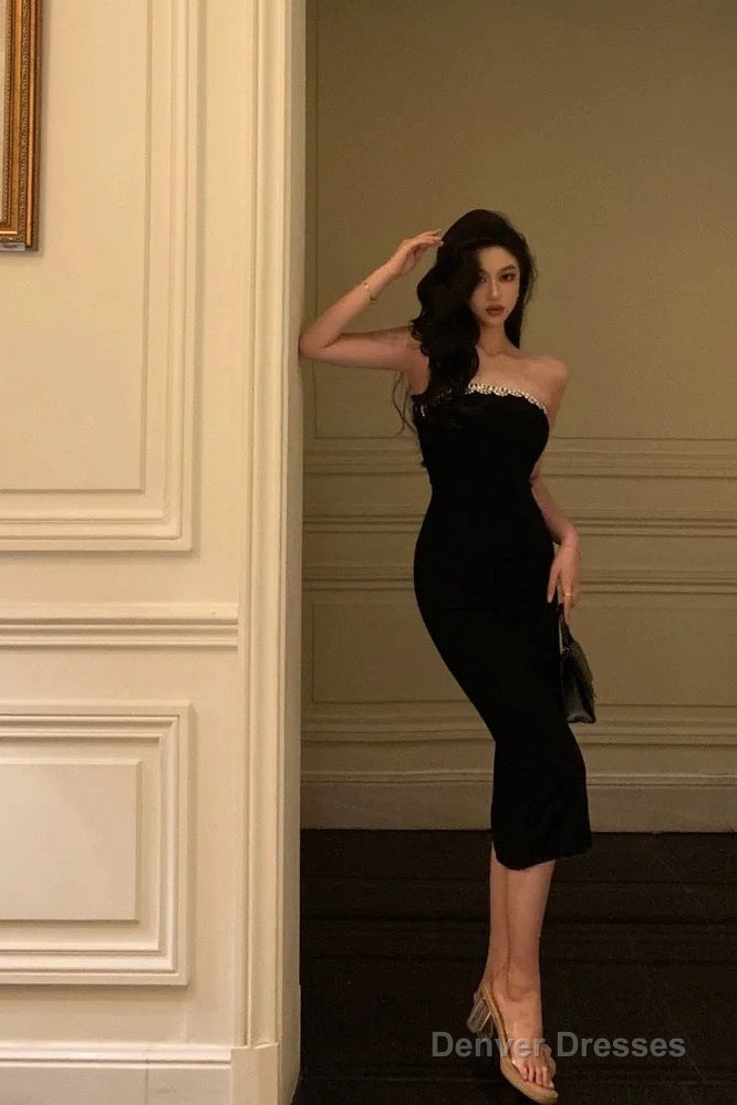 Elegant Sheath Strapless Black Prom Dresses Beads Birthday Outfits Evening Gown