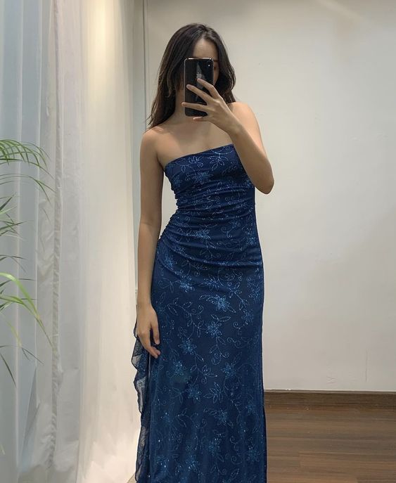 Elegant Sheath Strapless Navy Blue Long Prom Dress Evening Gowns