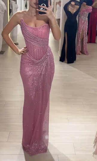 Elegant Sheath Strapless Pink Sequin Slit Long Prom Dress Party Dress 22Th Birthday Outfits Graduation Dress Secondary image