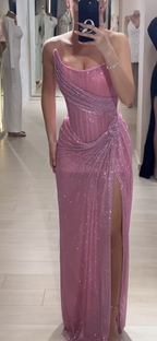 Elegant Sheath Strapless Pink Sequin Slit Long Prom Dress Party Dress 22Th Birthday Outfits Graduation Dress