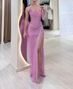 Elegant Sheath Strapless Pink Sequin Slit Long Prom Dress Party Dress 22Th Birthday Outfits Graduation Dress