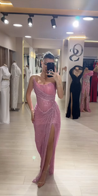 Elegant Sheath Strapless Pink Sequin Slit Long Prom Dress Party Dress 22Th Birthday Outfits Graduation Dress