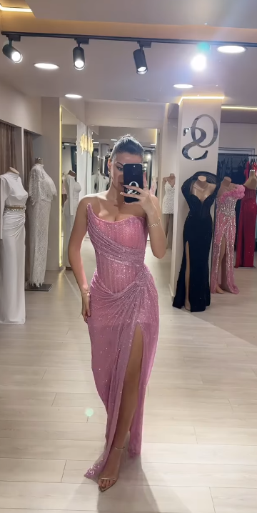 Elegant Sheath Strapless Pink Sequin Slit Long Prom Dress Party Dress 22Th Birthday Outfits Graduation Dress