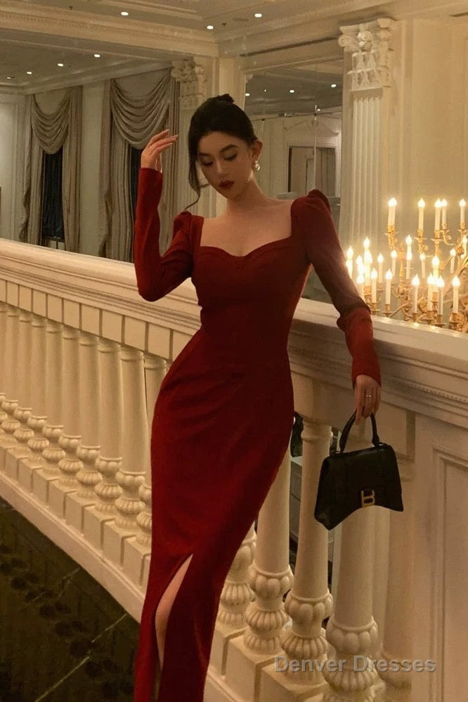 Elegant Sheath Strapless Red Slit Prom Dresses Beads Birthday Outfits Evening Gown