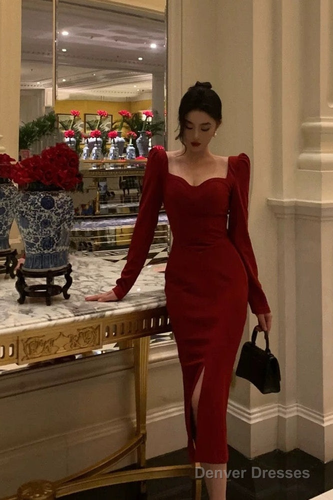 Elegant Sheath Strapless Red Slit Prom Dresses Beads Birthday Outfits Evening Gown