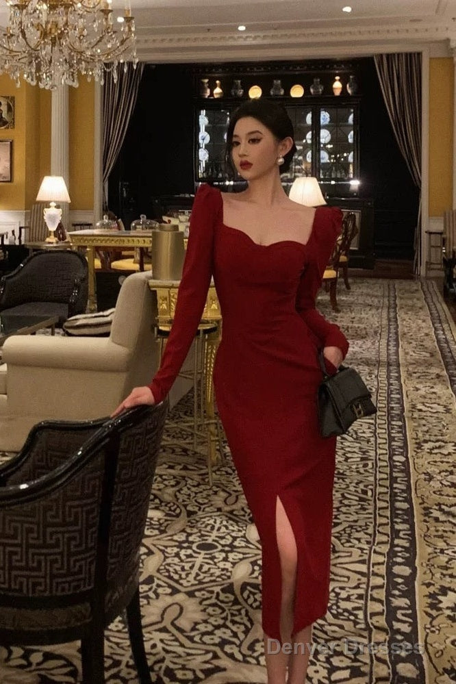 Elegant Sheath Strapless Red Slit Prom Dresses Beads Birthday Outfits Evening Gown