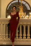 Elegant Sheath Strapless Red Slit Prom Dresses Beads Birthday Outfits Evening Gown