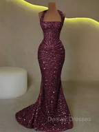 Elegant Sheath Straps Pleated Sweep Train Corset Prom Dress