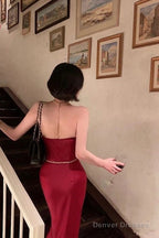 Elegant Sheath Straps Red Prom Dresses Long Formal Dress