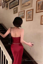 Elegant Sheath Straps Red Prom Dresses Long Formal Dress