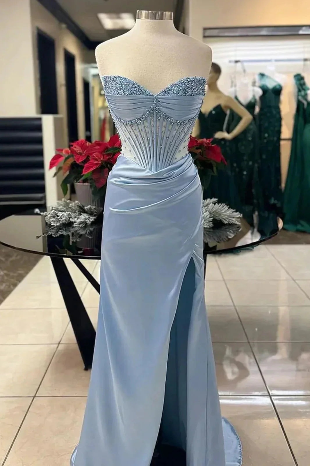 Elegant Sheath Sweetheart Sequin Pink Satin Slit Prom Dress Evening Dress