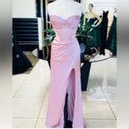 Elegant Sheath Sweetheart Sequin Pink Satin Slit Prom Dress Evening Dress