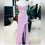 Elegant Sheath Sweetheart Sequin Pink Satin Slit Prom Dress Evening Dress