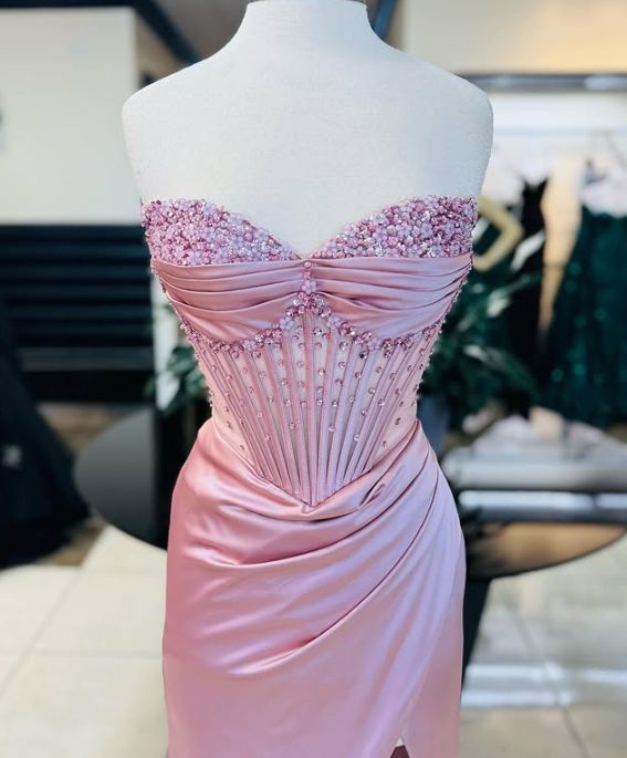Elegant Sheath Sweetheart Sequin Pink Satin Slit Prom Dress Evening Dress Secondary image