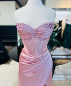 Elegant Sheath Sweetheart Sequin Pink Satin Slit Prom Dress Evening Dress