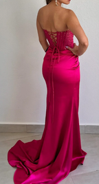 Elegant Sheath Sweetheart Sequin Pink Satin Slit Prom Dress Evening Dress