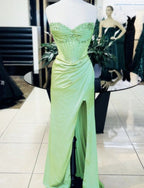 Elegant Sheath Sweetheart Sequin Pink Satin Slit Prom Dress Evening Dress