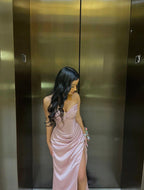 Elegant Sheath Sweetheart Sequin Pink Satin Slit Prom Dress Evening Dress