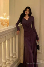Elegant Sheath V Neckline Grape Long Prom Dresses Birthday Outfits Evening Gown