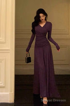 Elegant Sheath V Neckline Grape Long Prom Dresses Birthday Outfits Evening Gown