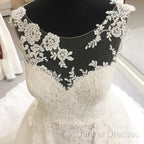 Elegant Sheer Lace Appliques Neckline Court Train Princess Wedding Dress