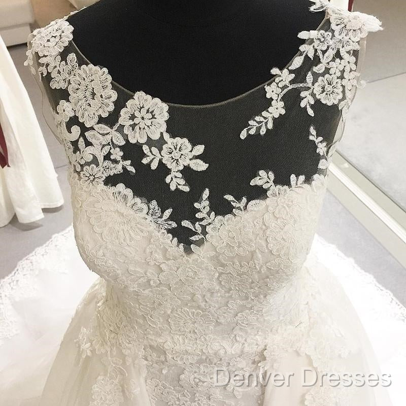 Elegant Sheer Lace Appliques Neckline Court Train Princess Wedding Dress