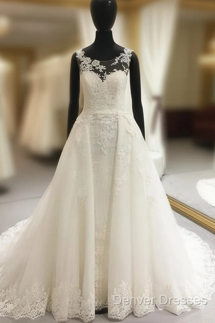 Elegant Sheer Lace Appliques Neckline Court Train Princess Wedding Dress Main image