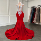Elegant Sheer Scoop Neckline Luxury Sparkly Silver Handmade Diamond Red Spandex Black Girl Mermaid Long Prom Dress