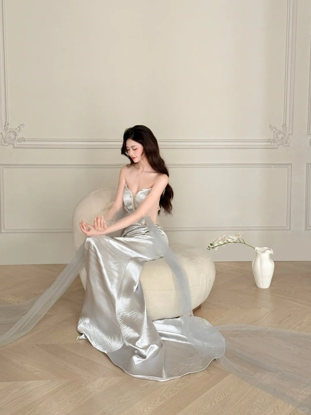 Elegant Silver-Grey Mermaid Strapless Satin Long Prom Dress Evening Dress