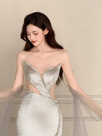 Elegant Silver-Grey Mermaid Strapless Satin Long Prom Dress Evening Dress