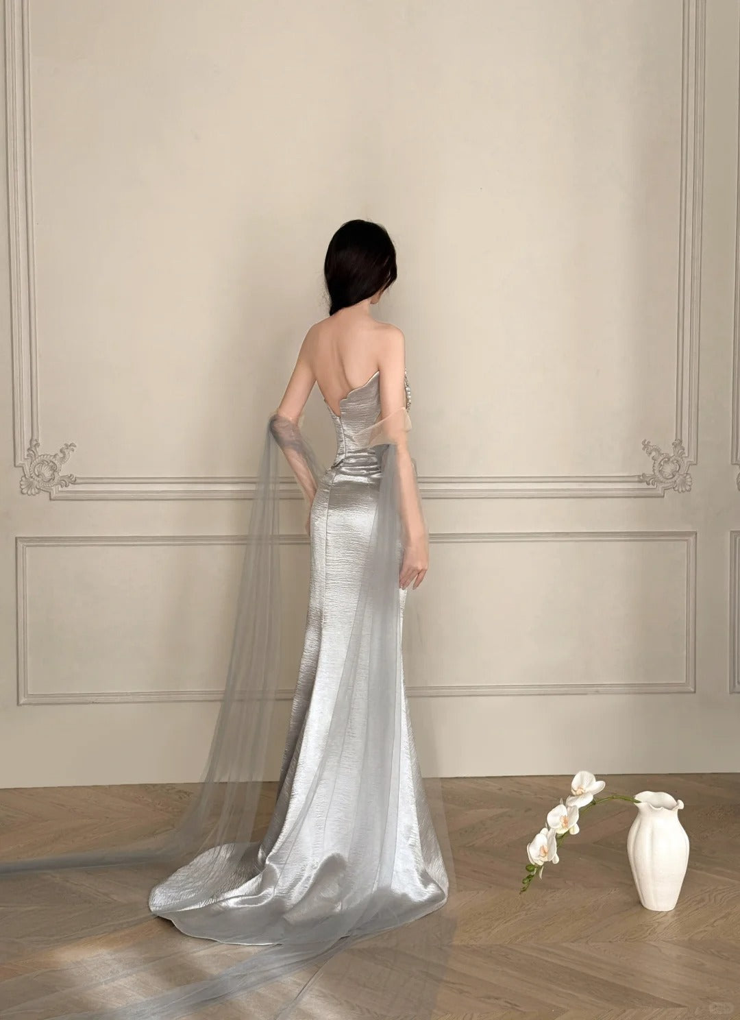 Elegant Silver-Grey Mermaid Strapless Satin Long Prom Dress Evening Dress