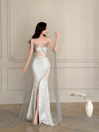 Elegant Silver-Grey Mermaid Strapless Satin Long Prom Dress Evening Dress