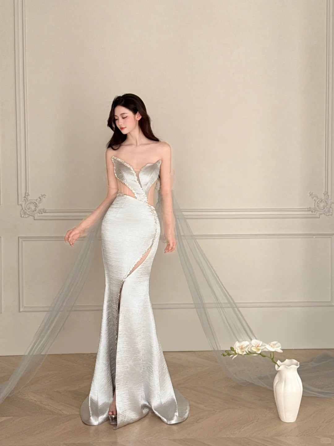 Elegant Silver-Grey Mermaid Strapless Satin Long Prom Dress Evening Dress Main image