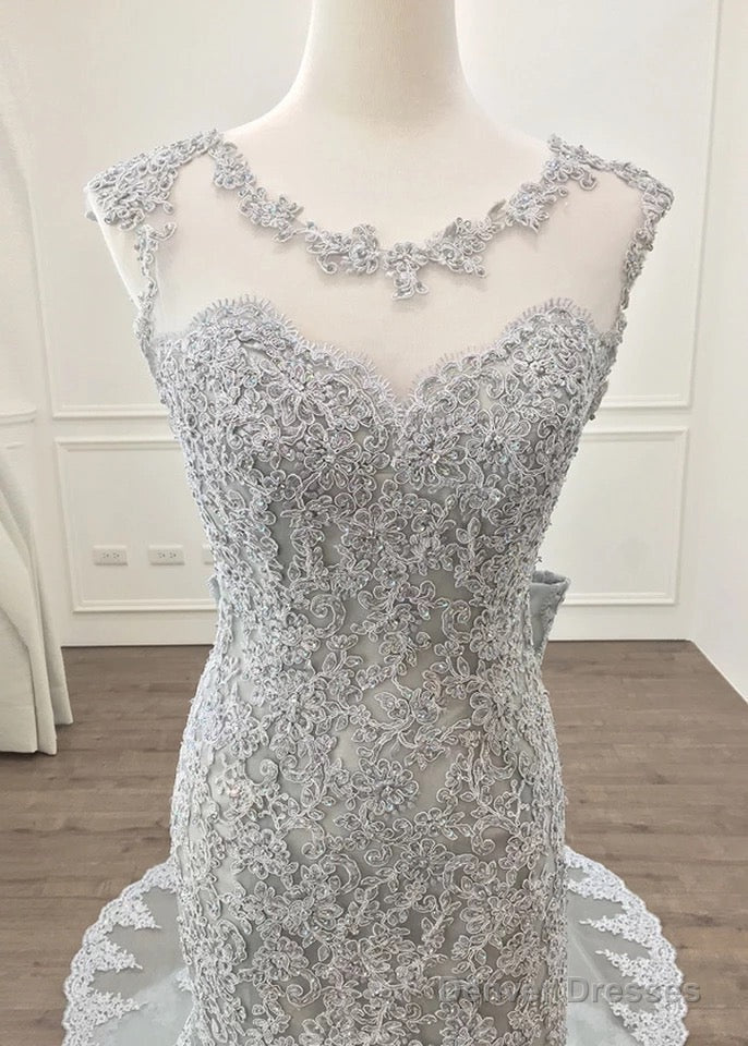 Elegant Silver Lace Bow Back Mermaid Evening Gown Dresses Secondary image