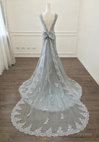 Elegant Silver Lace Bow Back Mermaid Evening Gown Dresses