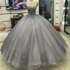 Elegant Silver Tulle Ball Gowns Prom Dress Lace Appliques