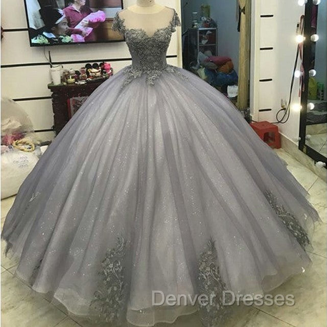 Elegant Silver Tulle Ball Gowns Prom Dress Lace Appliques