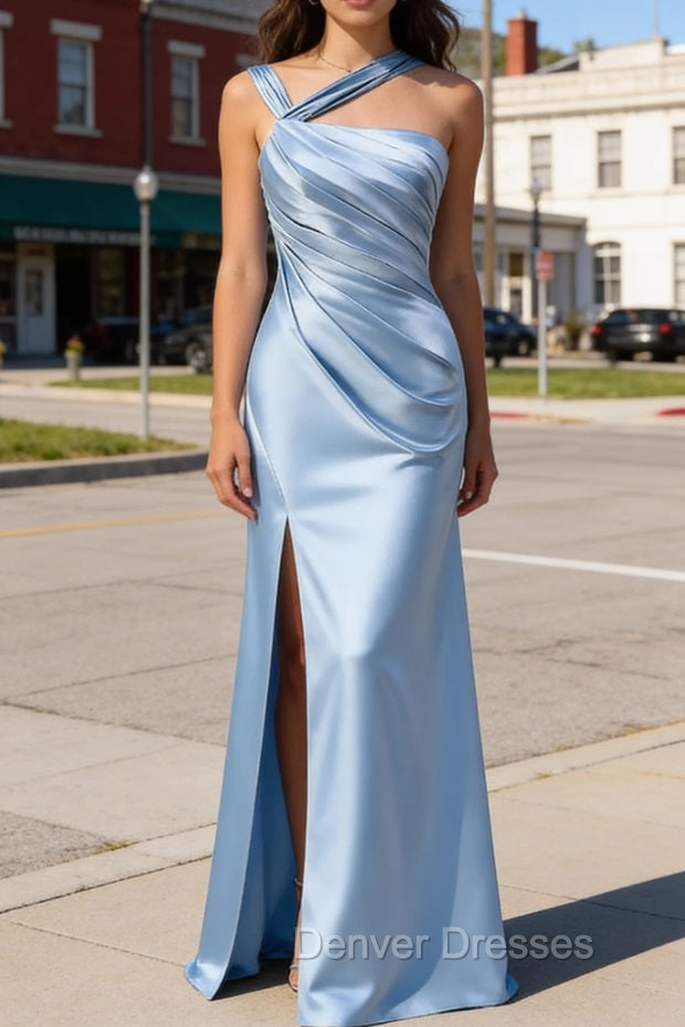 Elegant Sky Blue Sheath Pleated Satin Long Bridesmaid Dress With Slit Main image