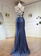 Elegant Slate Blue Spaghetti Strap Mermaid Ruched Slit Satin Long Prom Dress Evening Dress