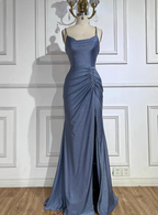 Elegant Slate Blue Spaghetti Strap Mermaid Ruched Slit Satin Long Prom Dress Evening Dress