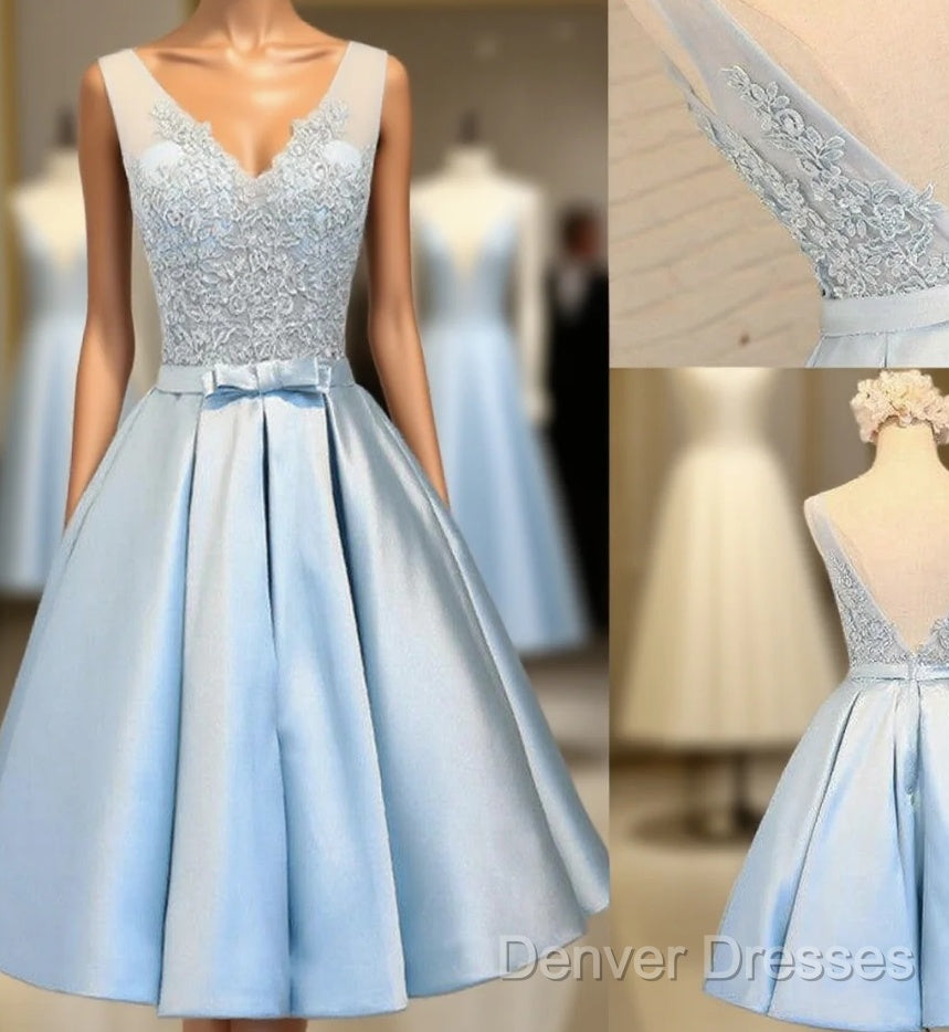 Elegant Sleeveless Deep V Back Appliques Clairvoyant Outfit Satin Skirt Tea Length Homecoming Dress Main image