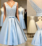 Elegant Sleeveless Deep V Back Appliques Clairvoyant Outfit Satin Skirt Tea Length Homecoming Dress