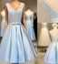 Elegant Sleeveless Deep V Back Appliques Clairvoyant Outfit Satin Skirt Tea Length Homecoming Dress