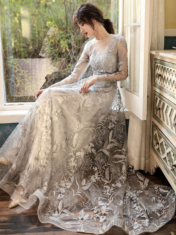 Elegant Sliver Grey Long Sleeves Long Evening Dress Party Dress, A-Line Senior Prom Dress