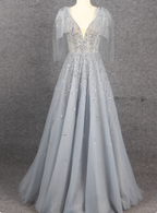 Elegant Smoky Blue Deep V Sequin Tulle Long Prom Dress Evening Dress Bridesmaid Dress