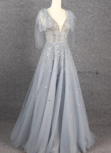 Elegant Smoky Blue Deep V Sequin Tulle Long Prom Dress Evening Dress Bridesmaid Dress Main image
