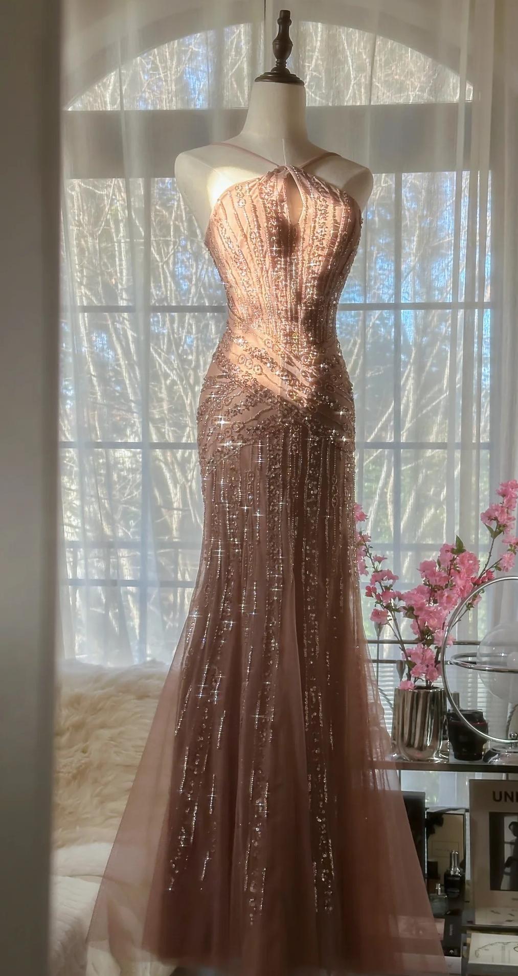 Elegant Blush Pink Spaghetti Strap Mermaid Tulle Sequin Long Prom Dress Beaded Graduation Prom Adult Ceremony Dress Secondary image