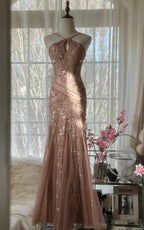 Elegant Blush Pink Spaghetti Strap Mermaid Tulle Sequin Long Prom Dress Beaded Graduation Prom Adult Ceremony Dress