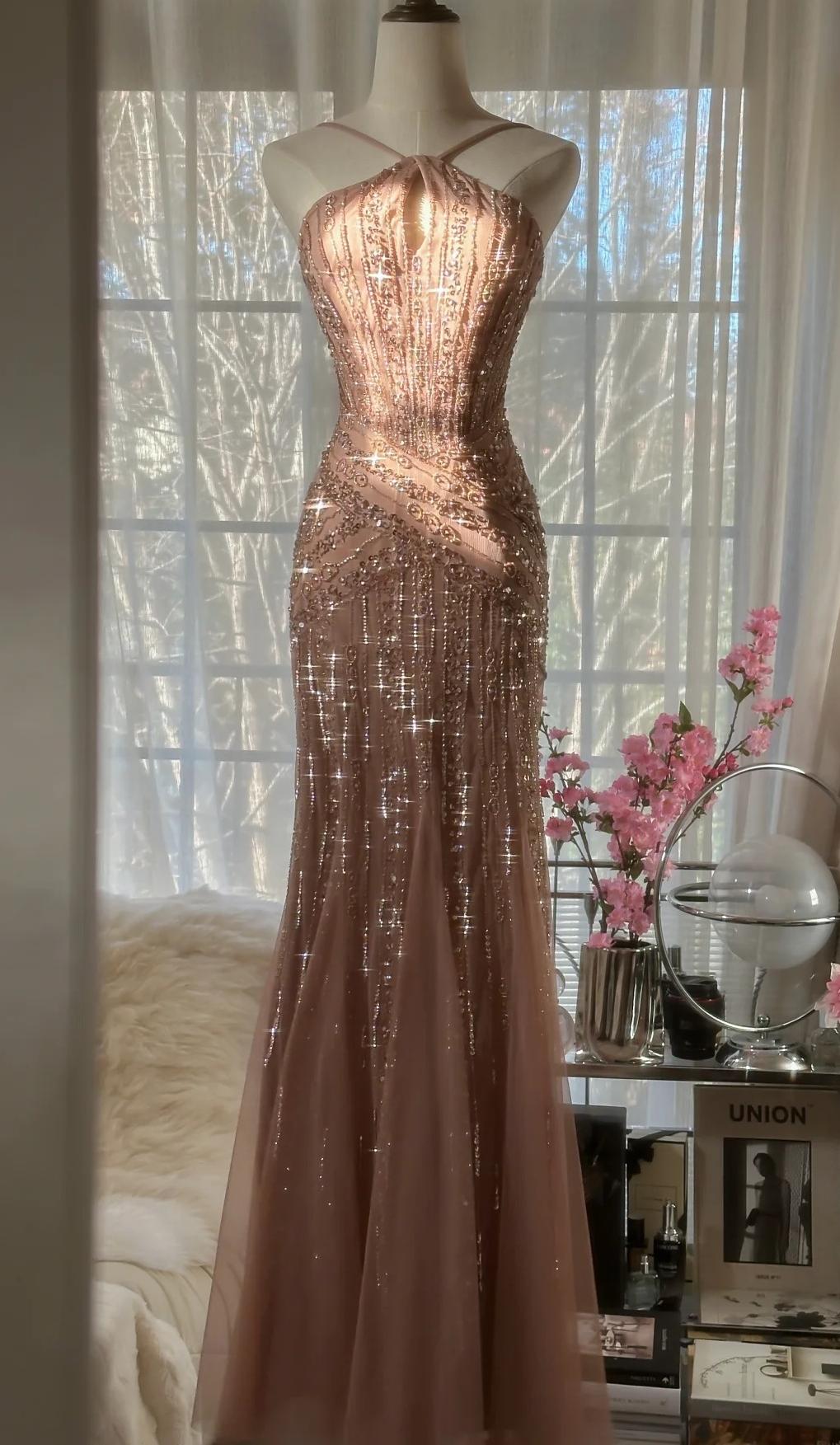 Elegant Blush Pink Spaghetti Strap Mermaid Tulle Sequin Long Prom Dress Beaded Graduation Prom Adult Ceremony Dress Main image